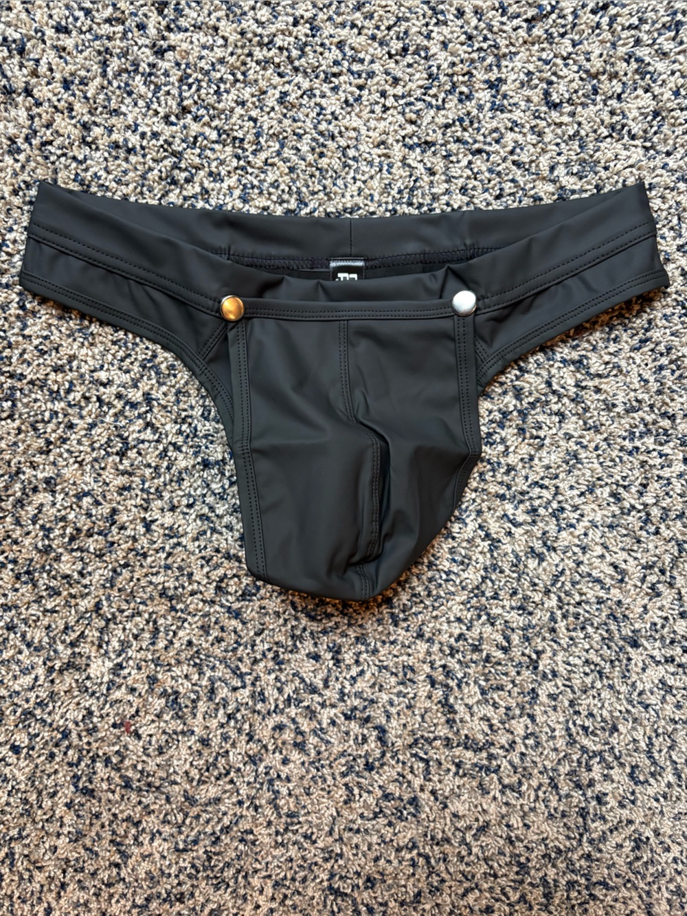 Mens Male Power ‘Oh Snap’ Detachable Cod Piece Thong - S Black Faux Leather NWT